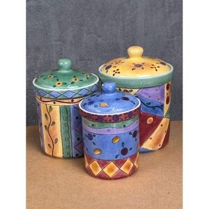 Sango The Sweet Shoppe Sue Zipkin Ceramic Canister Set 3 Piece Multi Patchwork